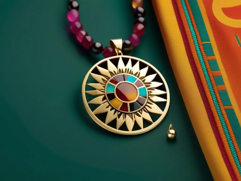 Influencia cultura inca en joyería: Collar plata con disco solar dorado, gemas vibrantes y fondo blanco