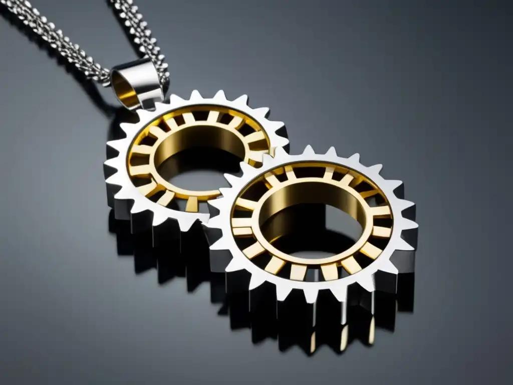 Collar minimalista de engranajes y elementos metálicos Collar moderno de engranajes y elementos metálicos que representa la evolución de la joyería hacia el mundo moderno: wearables