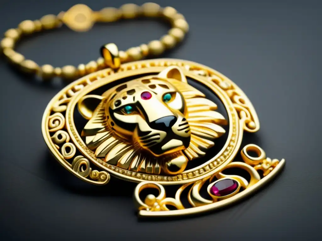 Historia joyería precolombina América Latina: Collar dorado con colgante de jaguar y gemas, detalle ultra detallado en 8k