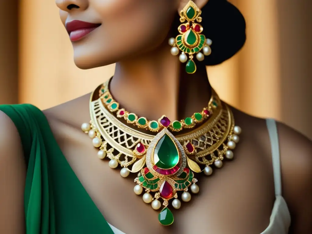 Joyería India Mogol: Historia y Evolución - Collar de oro con gemas vibrantes y diseño Mughal contemporáneo