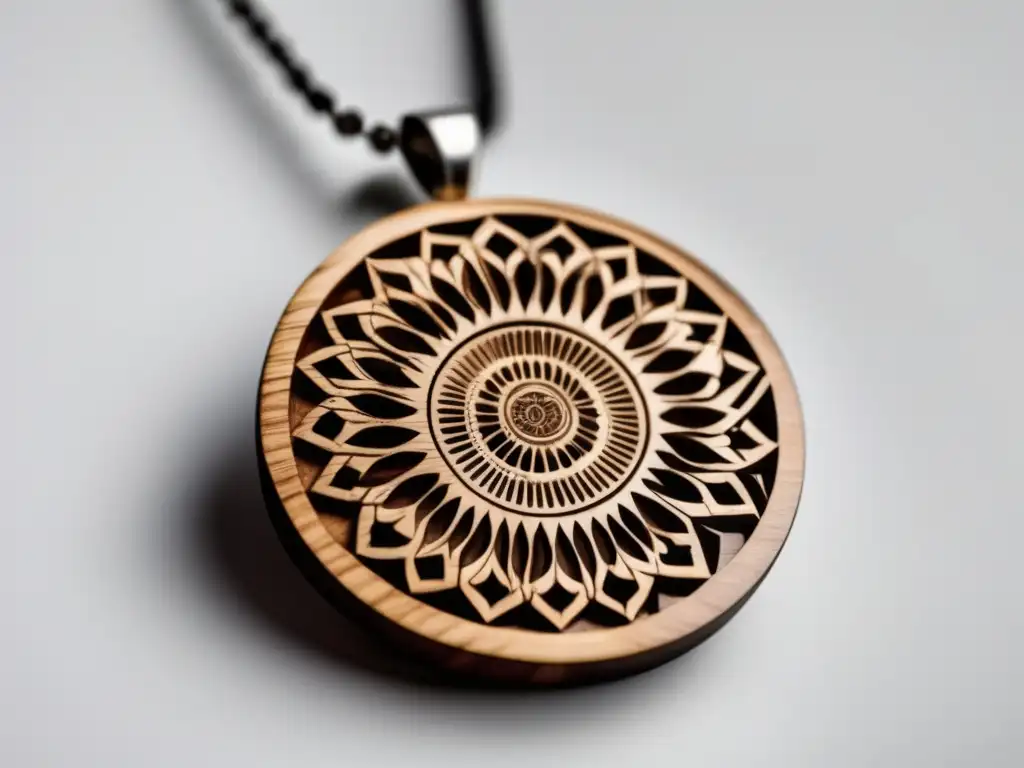 Joyería de madera: Collar tallado con detalles geométricos, símbolo de tradición y belleza natural