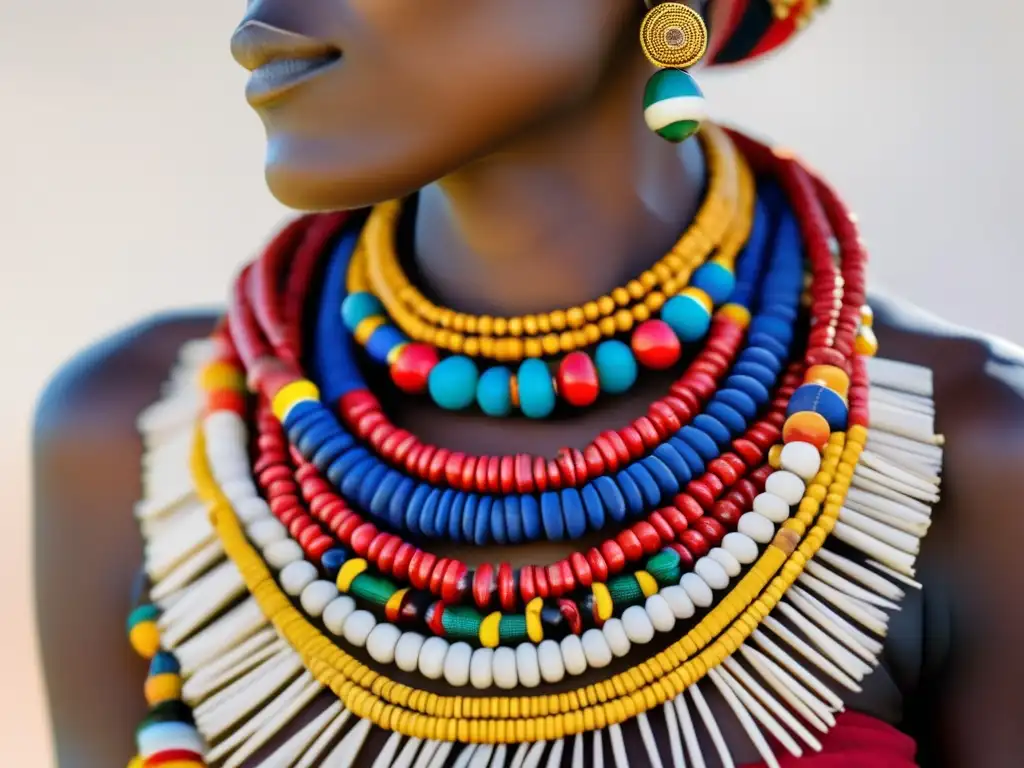 Joyería tradicional de los Masai: collar de cuentas coloridas y patrones intrincados en el cuello de una mujer Masai