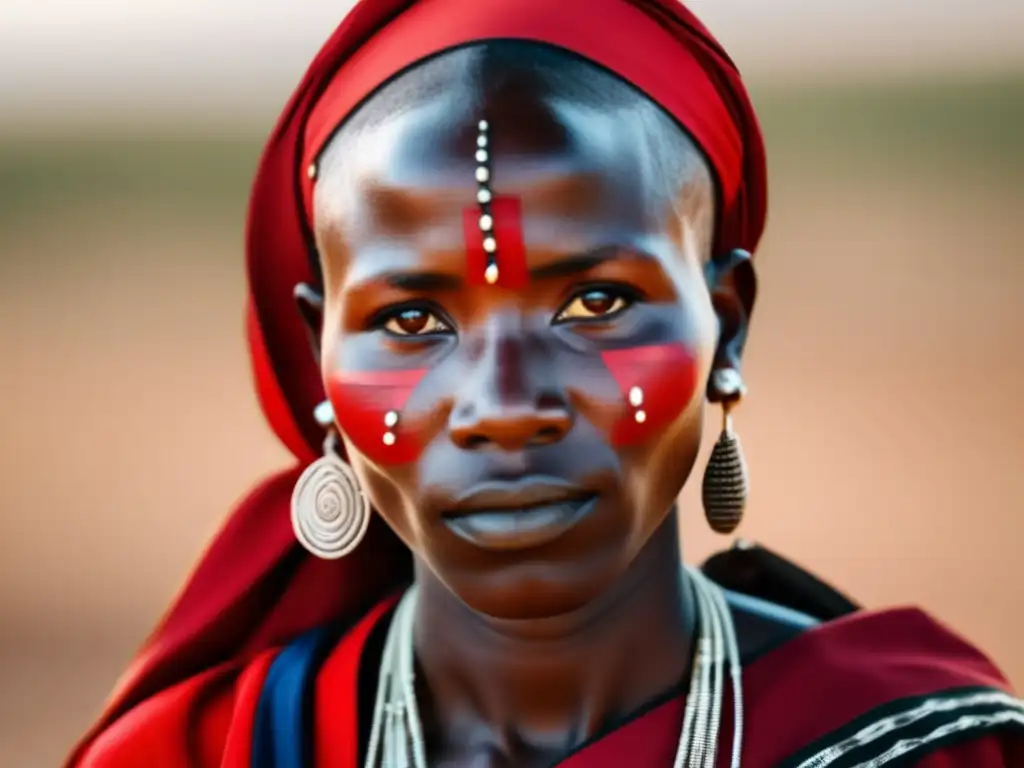 Joyería tradicional de los Masai: Collar adornado con vibrantes cuentas rojas y azules en el cuello de una mujer Masai