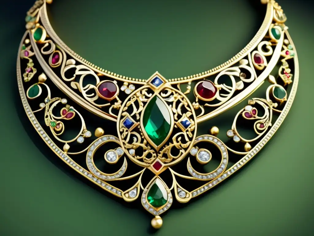 Historia y evolución de la joyería: Comercio justo - Collar medieval de filigrana dorada con gemas brillantes y esmeralda centrada