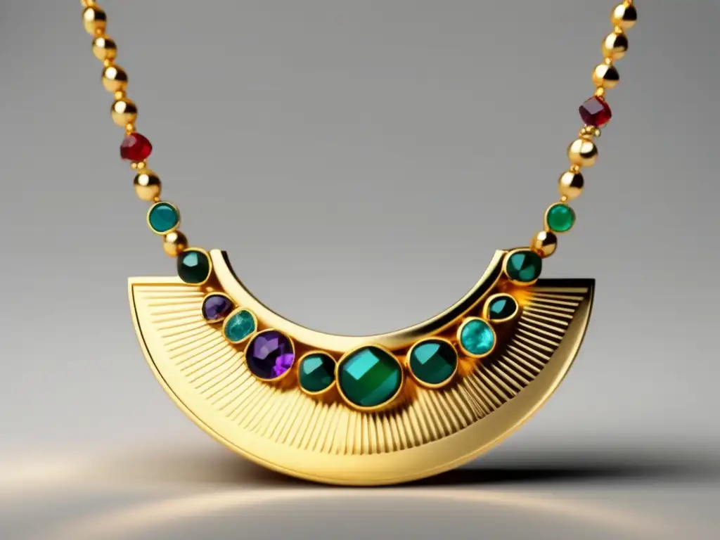 Joyería Mesopotamia: Collar dorado con gemas, diseño minimalista y detalle impecable, reflejos y texturas cautivantes