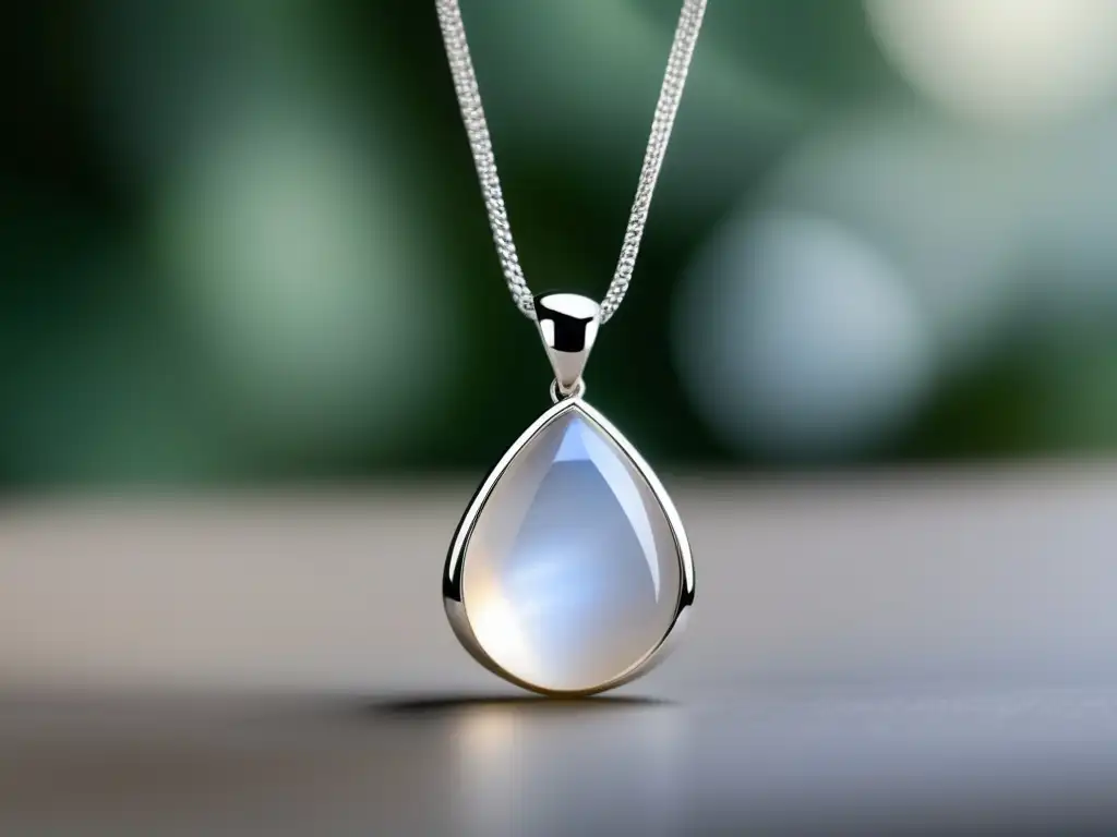 Evolución histórica de la piedra lunar: diseño minimalista y elegante de un collar con piedra lunar, emitiendo un resplandor etéreo