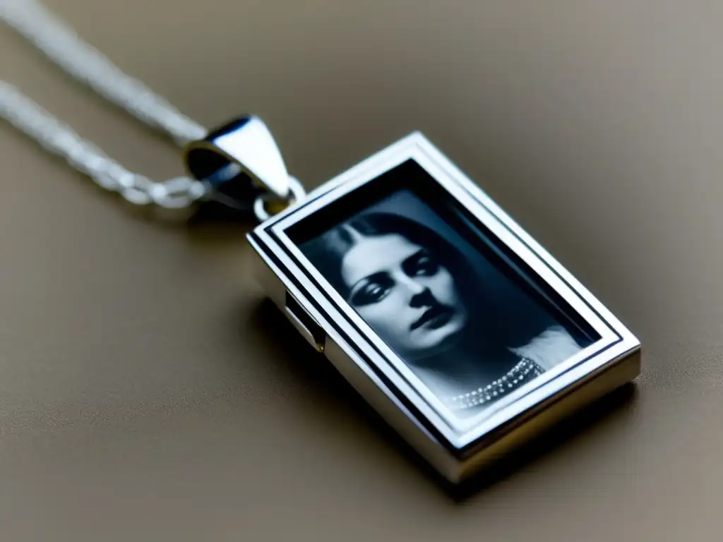 Joya de duelo victoriana con locket rectangular de plata y fotografía en blanco y negro de mujer seria y elegante