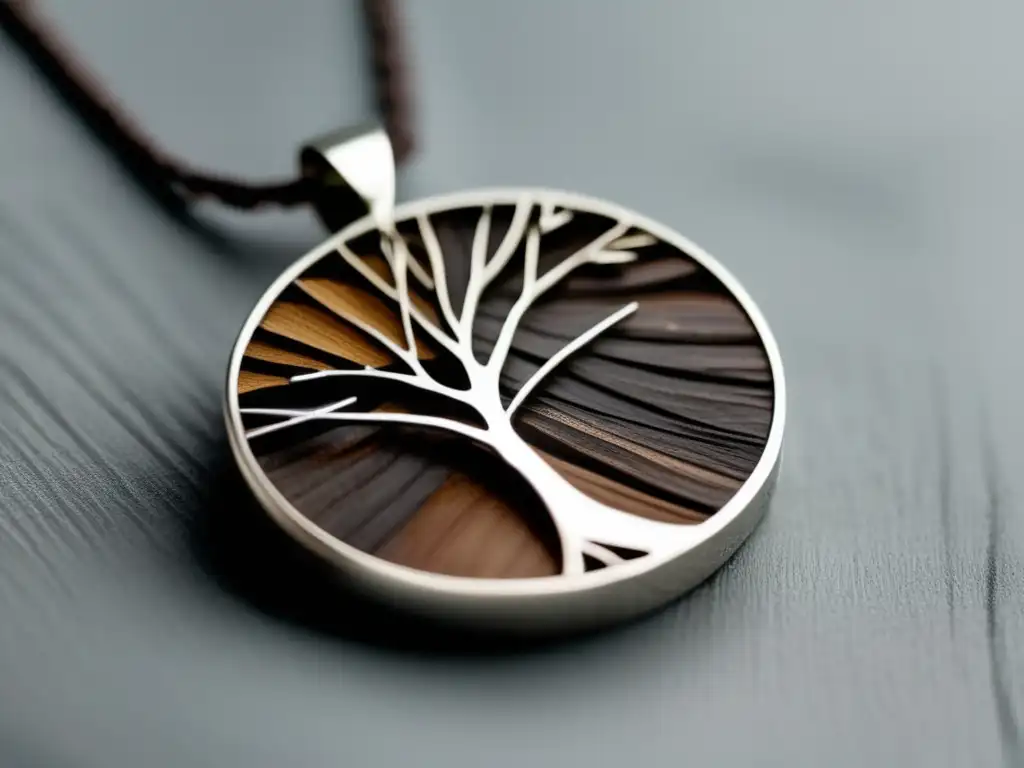 Historia joyería corteza árbol: Collar minimalista de corteza con cadena plata, colgante liso y pulido destaca texturas naturales y tonos terrosos