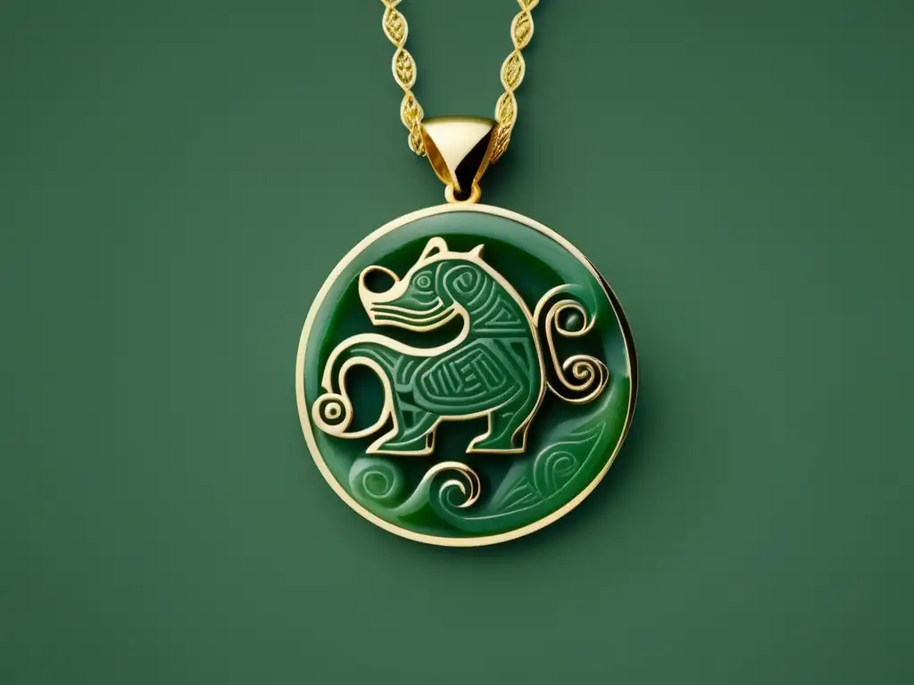 Historia de la joyería precolombina: Collar minimalista de jade, inspirado en diseños precolombinos, con delicada cadena dorada y colgante tallado