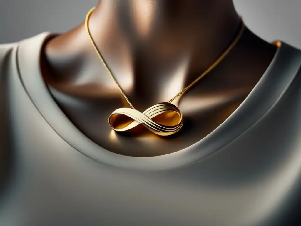 Evolución joyería diseño moderno: Collar de oro minimalista suspendido en el aire, con un delicado colgante en forma de cinta