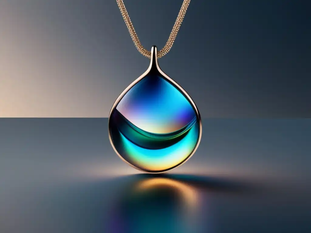 Joyería contemporánea: collar minimalista con colgante de material iridiscente, iluminado con luces LED