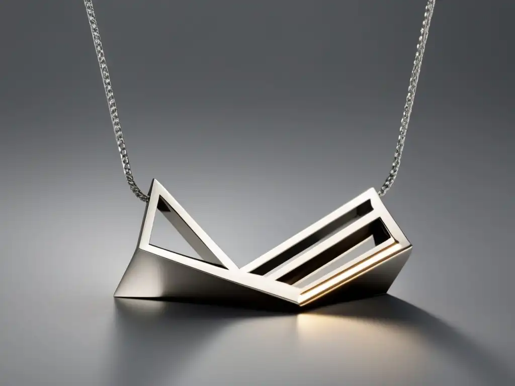 Tendencias joyería moda contemporánea: Collar plateado minimalista, con formas geométricas y acabado pulido, destaca en fondo blanco