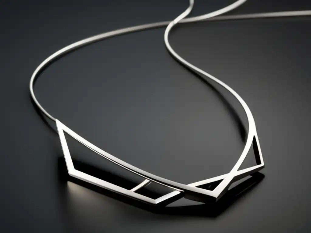 Joyería contemporánea: collar minimalista en plata con forma abstracta suspendido en fondo oscuro