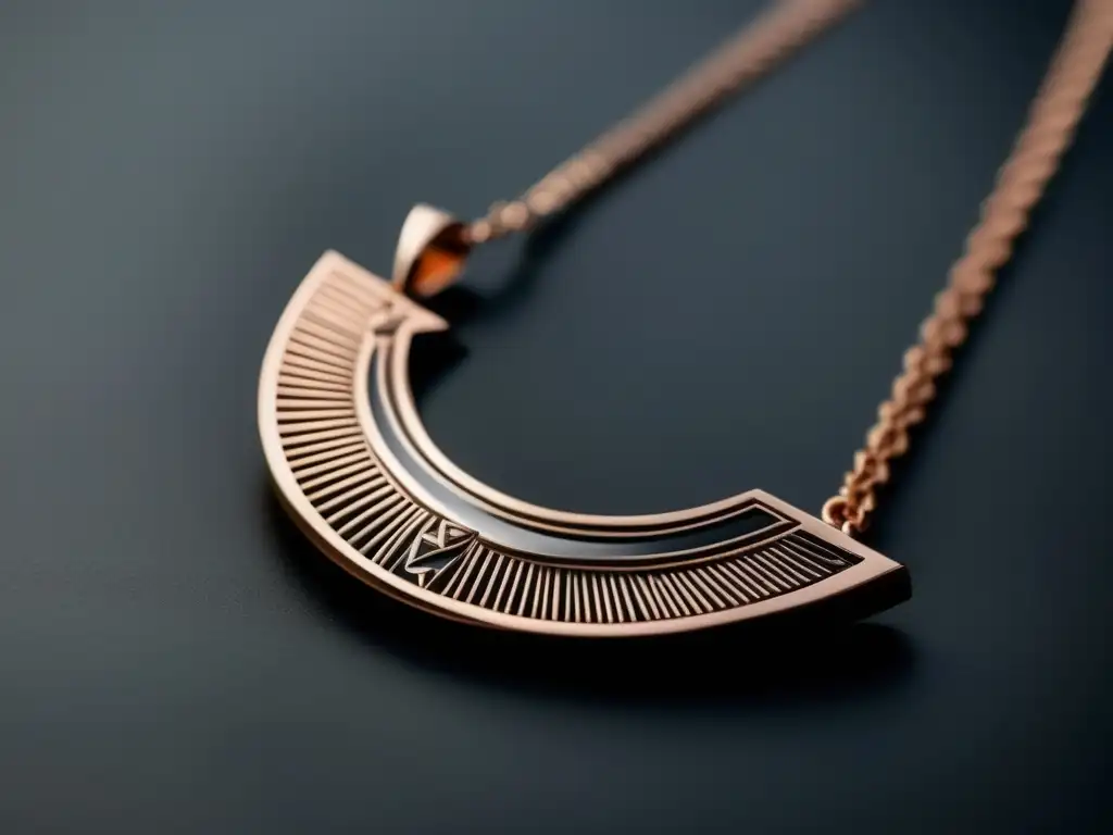 Innovaciones en joyería precolombina contemporánea - Collar minimalista de oro rosa con colgante de obsidiana y patrón geométrico maya