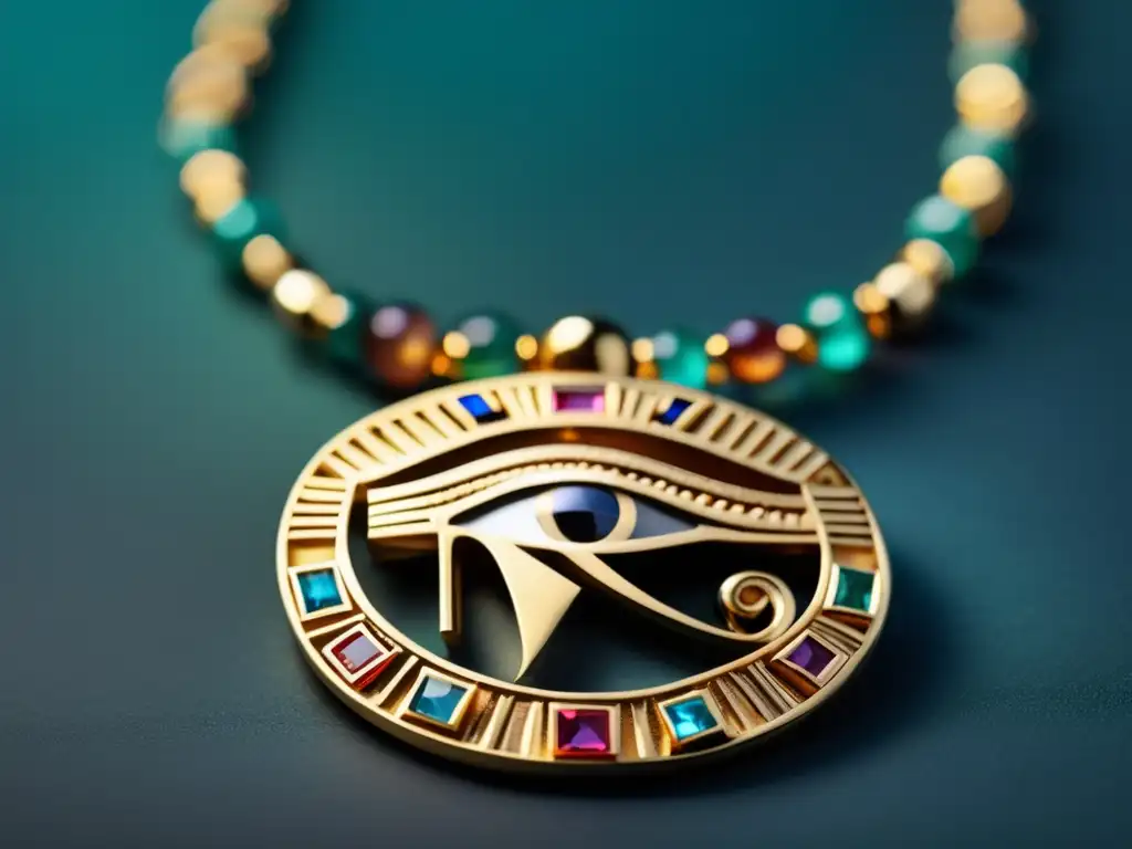 Joyería faraones Egipto: Exquisito collar dorado con el Ojo de Horus y símbolos jeroglíficos, evocando la opulencia de la antigua historia egipcia