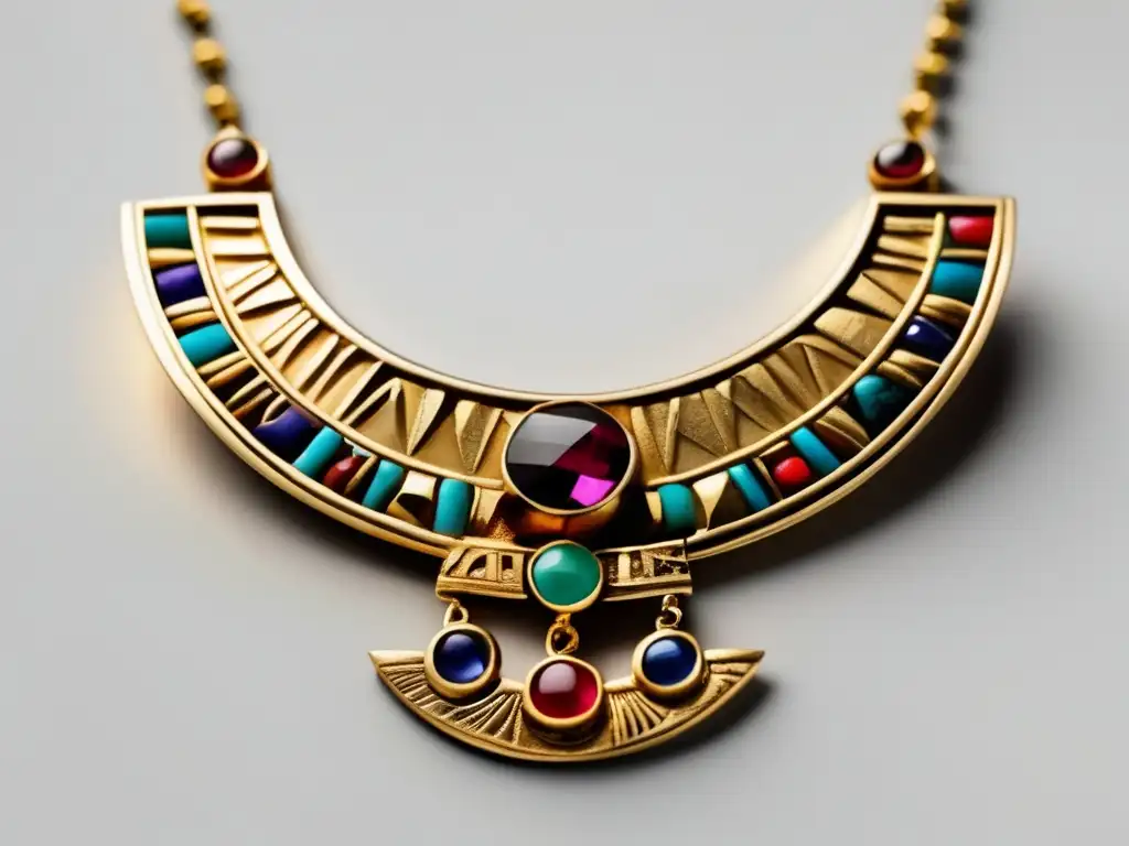 Evolución joyería a lo largo de la historia - Collar de oro antiguo de Egipto con grabados jeroglíficos y gemas coloridas en fondo blanco