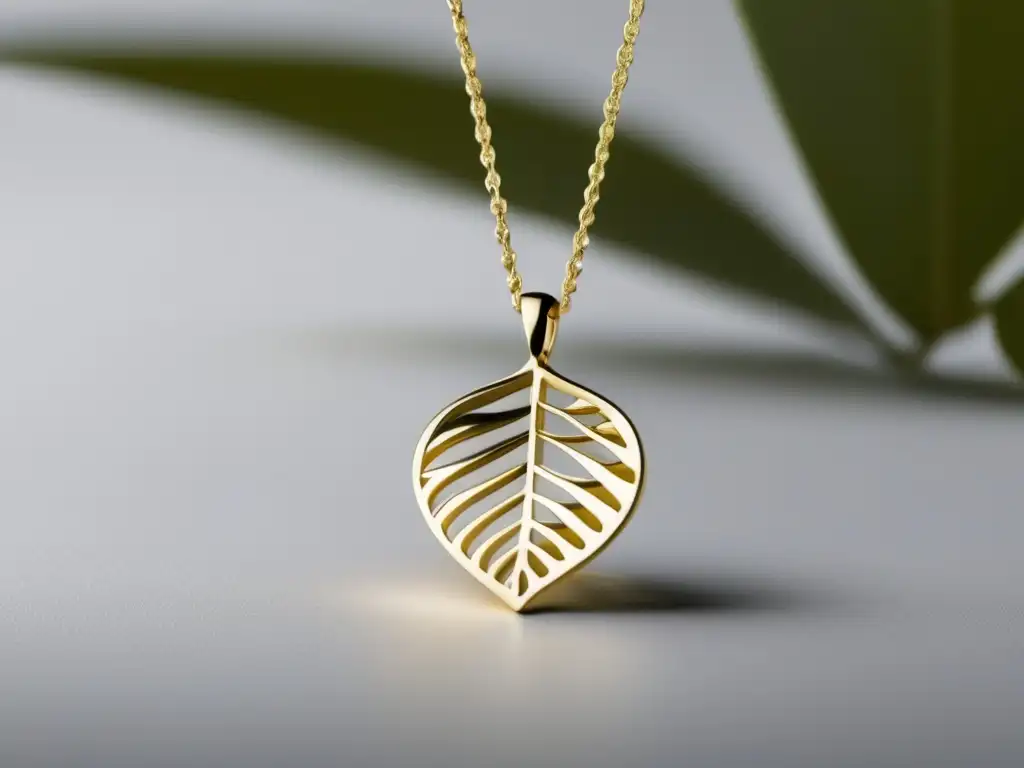 Joyería ética y responsable: historia y evolución - Collar dorado minimalista con colgante de hoja y diamantes, en fondo blanco