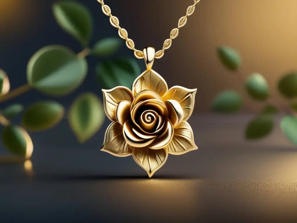 Collar de oro con colgante de rosa Evolución joyas a través eras: Collar oro rosa con colgante rosa en fondo minimalista
