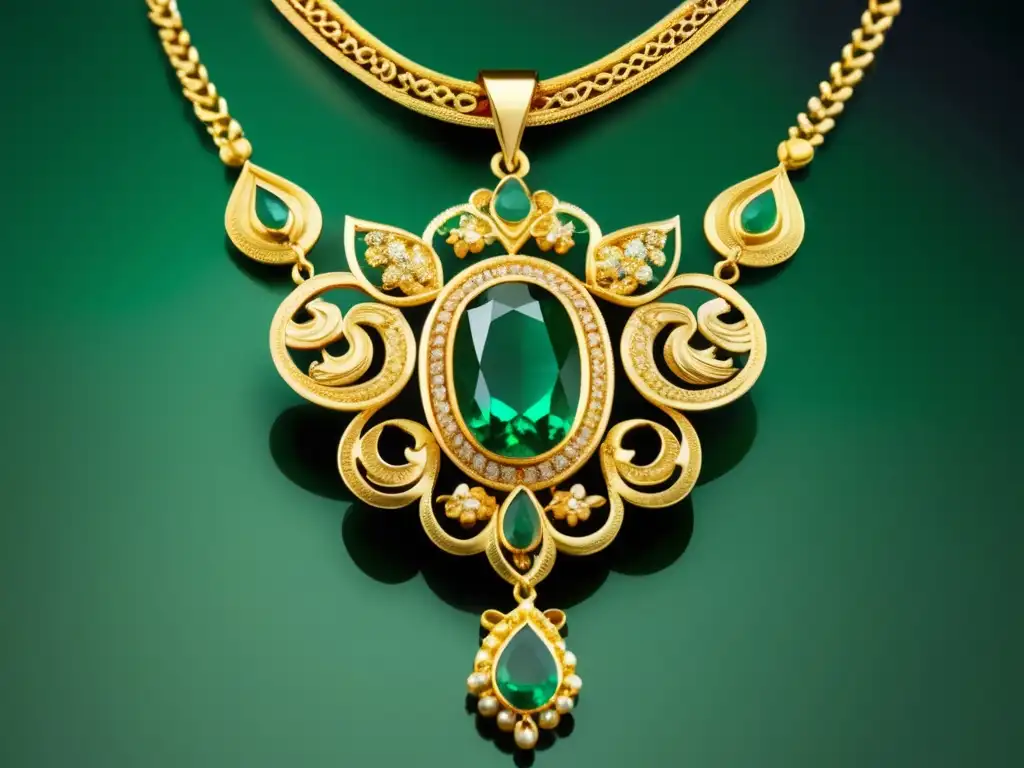 Joyería persa: Detalles exquisitos y artesanía en un collar de oro con colgante de esmeralda rodeado de filigrana floral