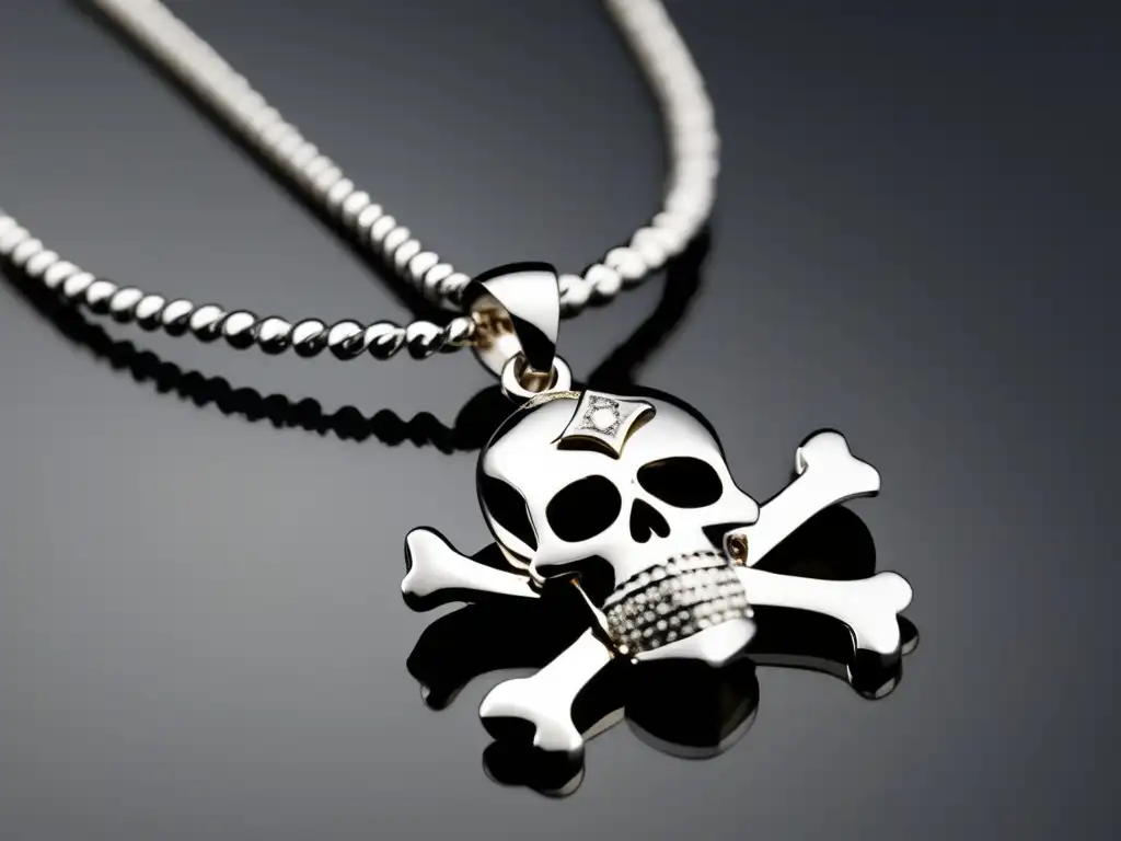 Amuletos de joyas en piratas: collar moderno con colgante pirata, cadena plateada y diamantes, misterio y aventura