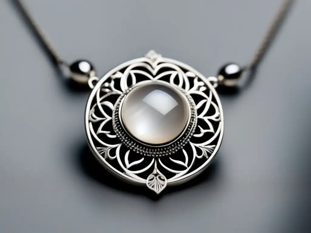 Evolución joyería plata antigua China: collar de plata minimalista con motivos de dragones y flores de loto, destacando una piedra lunar luminosa