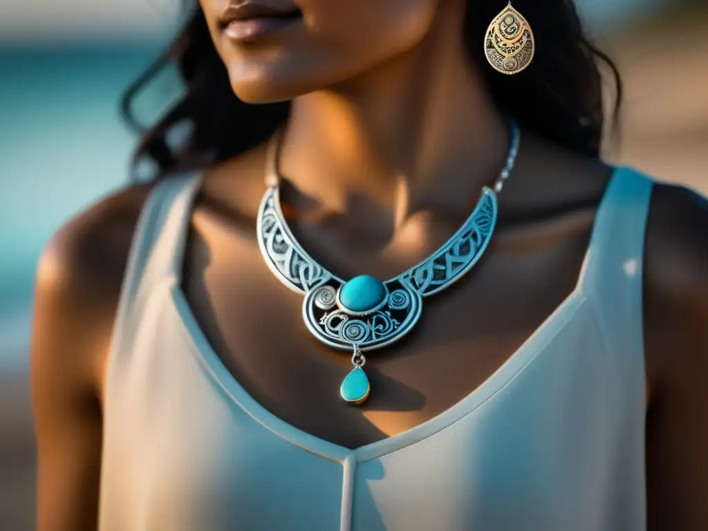 Joyería indígena: Detalle de collar plata con patrones tradicionales y piedra turquesa, destacando el valor cultural y social