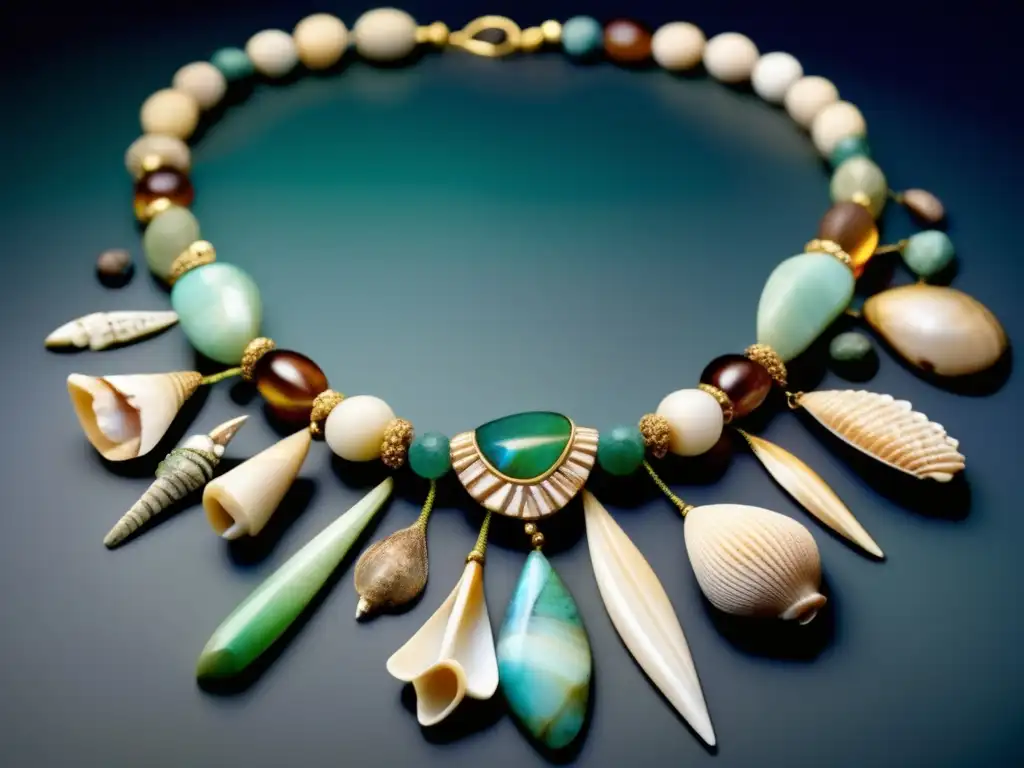 Joyería prehistórica: collar con conchas, huesos y piedras, representando materiales ricos y diseño intrincado