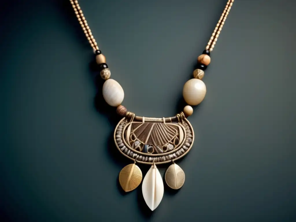 Significado cultural joyas prehistóricas: Collar antiguo con engravings y simbolismos, tejido con materiales naturales