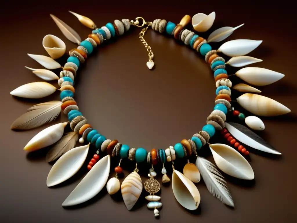 Joyería prehistórica evolución creativa, collar con conchas, plumas y dientes de animales de colores vibrantes y patrones intricados