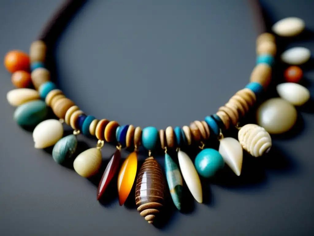 Collar prehistórico: detalle y significado Importancia de joyas en prehistoria: collar prehistórico de piedras, conchas y dientes de animales, simbolizando creencias y culturas antiguas