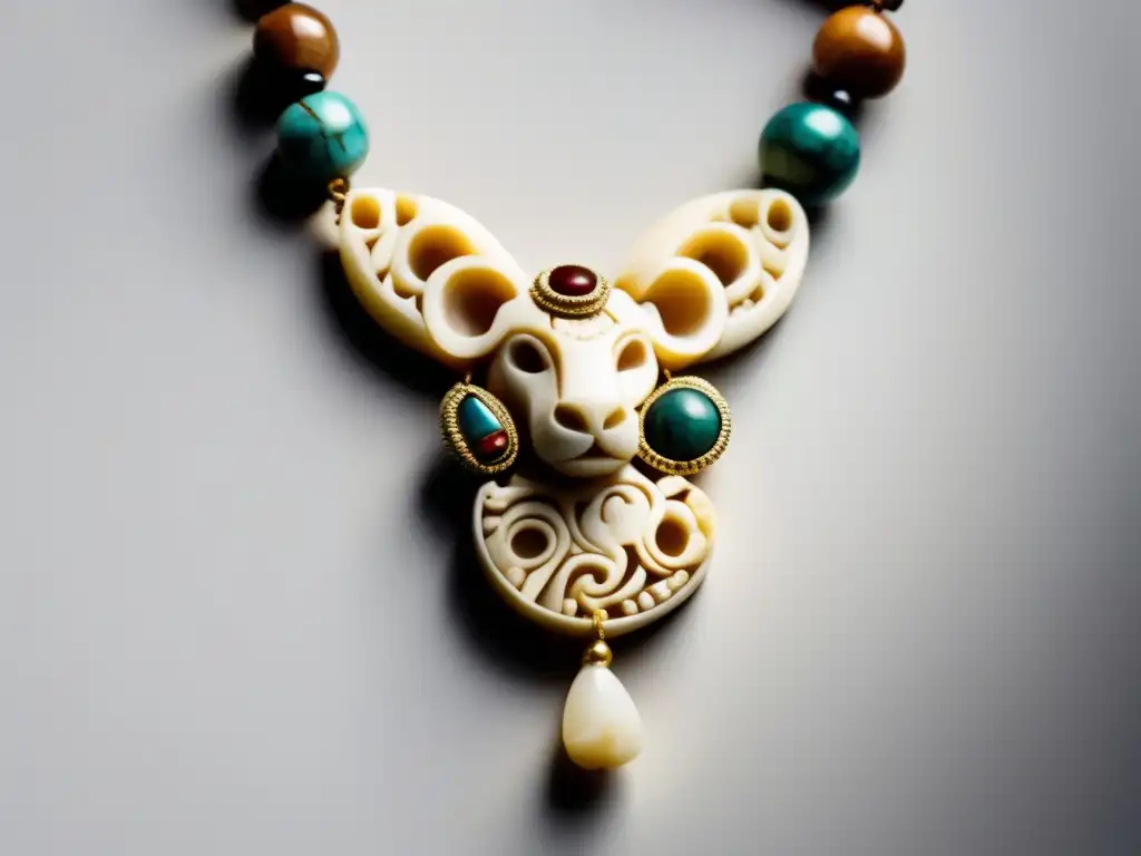 Collar prehistórico con diseño animal Importancia de joyas prehistóricas: collar de hueso con piedras y colgante animal, refleja espiritualidad y artesanía