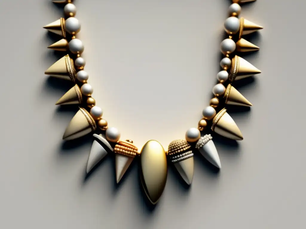 Joyería prehistórica minimalista y moderna Joyas prehistóricas vida y muerte, collar minimalista de huesos y piedras en fondo blanco