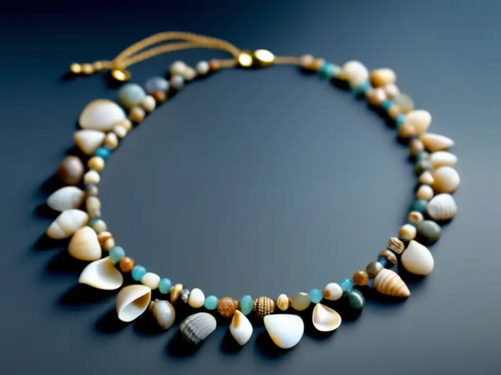 Evolución histórica joyas: Collar con colgantes seashell y piedras, representando uso ancestral de estos materiales en Paleolítico