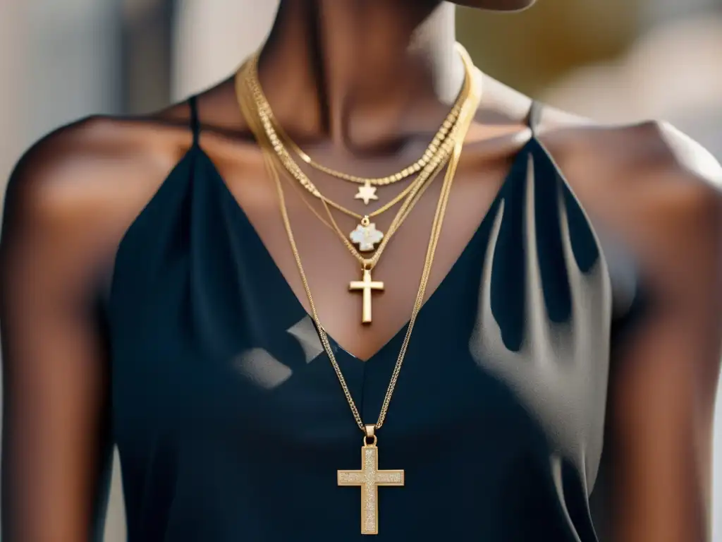 Joyería y Alta Costura: una relación histórica - Mujer elegante con collar moderno y simbólico, fusionando religión y moda