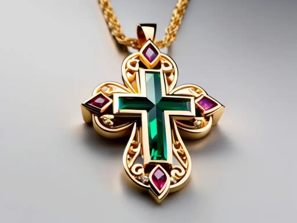 Joyería religiosa moderna con piedras preciosas y símbolos religiosos en un colgante de oro elegante