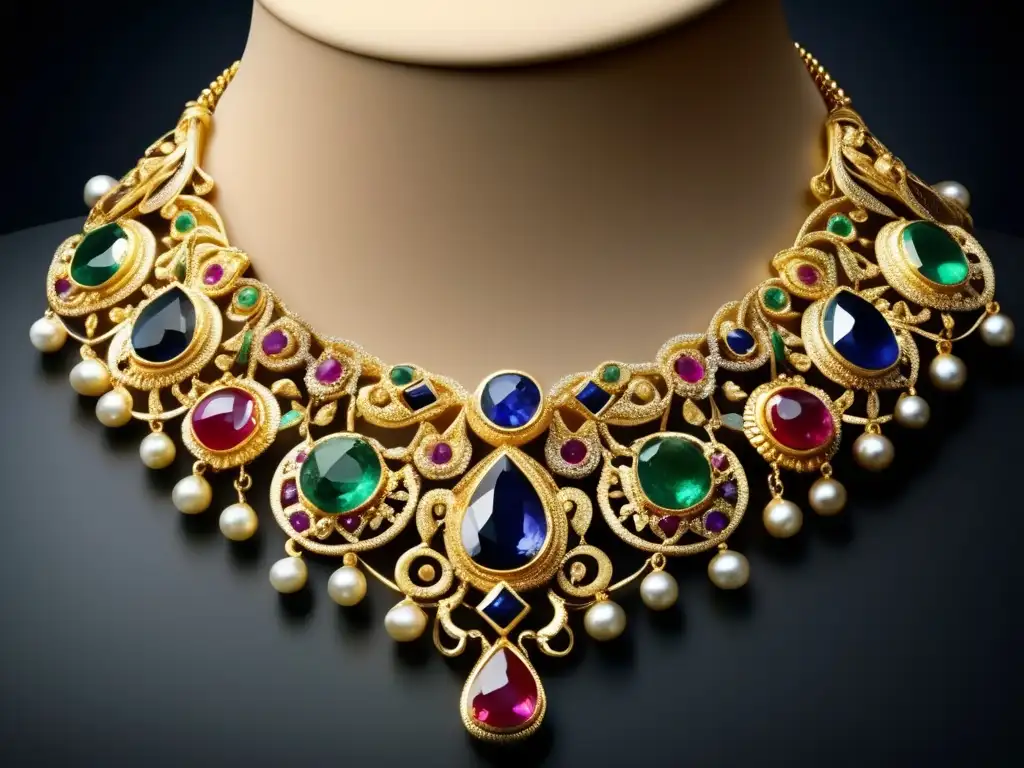 Evolución joyería en historia: Collar renacentista con filigrana de oro, gemas rubíes, esmeraldas y zafiros, detalle impecable y elegancia sofisticada