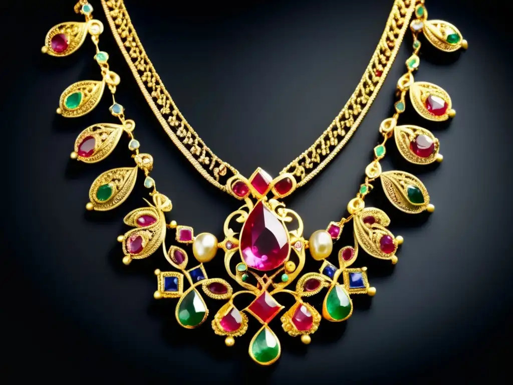 Collar renacentista restaurado con detalle Técnicas restauración joyas antiguas - Collar antiguo renacentista restaurado con filigrana dorada y gemas como rubíes, zafiros y esmeraldas