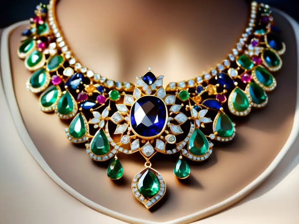Innovaciones en joyería renacentista con piedras preciosas: collar 8K ultradetallado, flor de diamantes, zafiros y esmeraldas