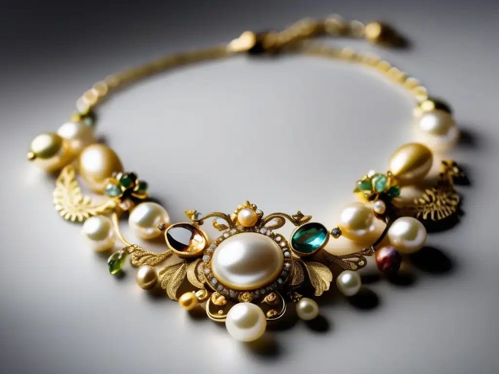 Collar Rococó con filigrana de oro, perlas y gemas, representando la historia de la joyería en la Edad Moderna