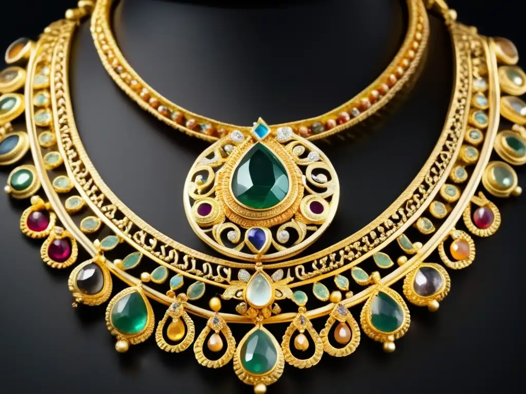 Historia joyería antigua Roma: Collar romano de oro con detalles filigrana y gemas, resalta elegancia y opulencia