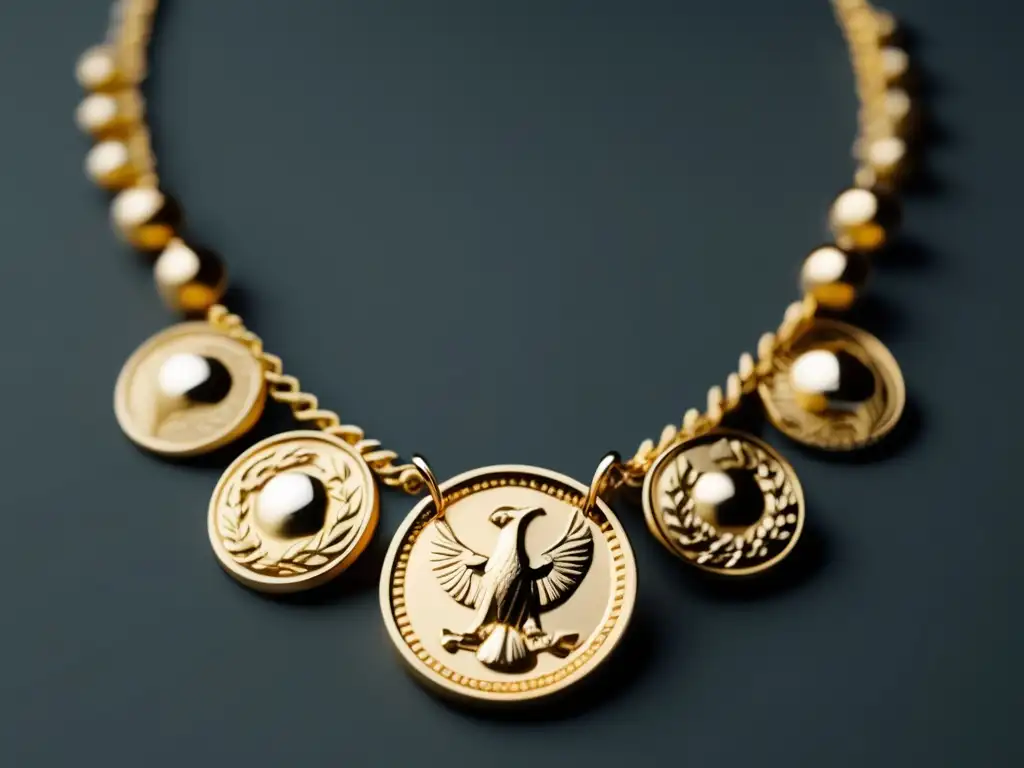 Joyería contemporánea inspirada en la cultura romana, collar minimalista con detalles en plata o oro, monedas romanas grabadas