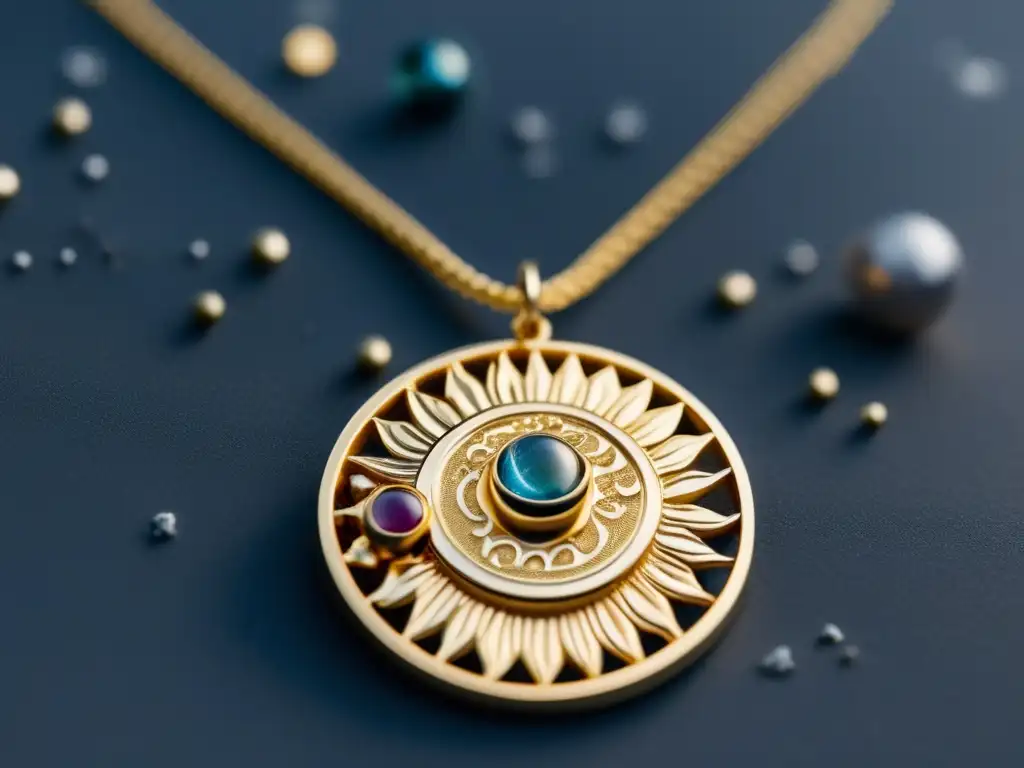 Joyería inspirada en planetas con colgante solar de oro pulido y engravings detallados del sistema solar, elegante y sofisticada