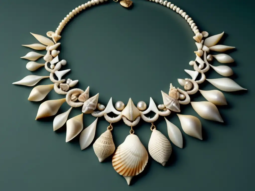 Joyería tribal: Collar seashells y huesos, diseño simétrico con conchas pequeñas y ornamentos, textura con cuentas de hueso