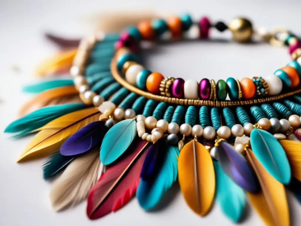 Evolución joyería Alta Costura: collar tribal tejido con plumas, conchas y piedras, simbolizando patrimonio cultural y modernidad