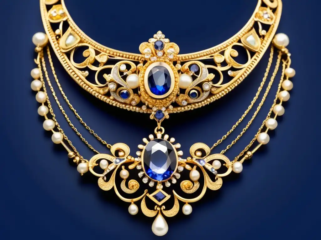 Historia joyas victorianas: collar oro filigrana, sapphire azul, perlas, charms, elegancia y opulencia