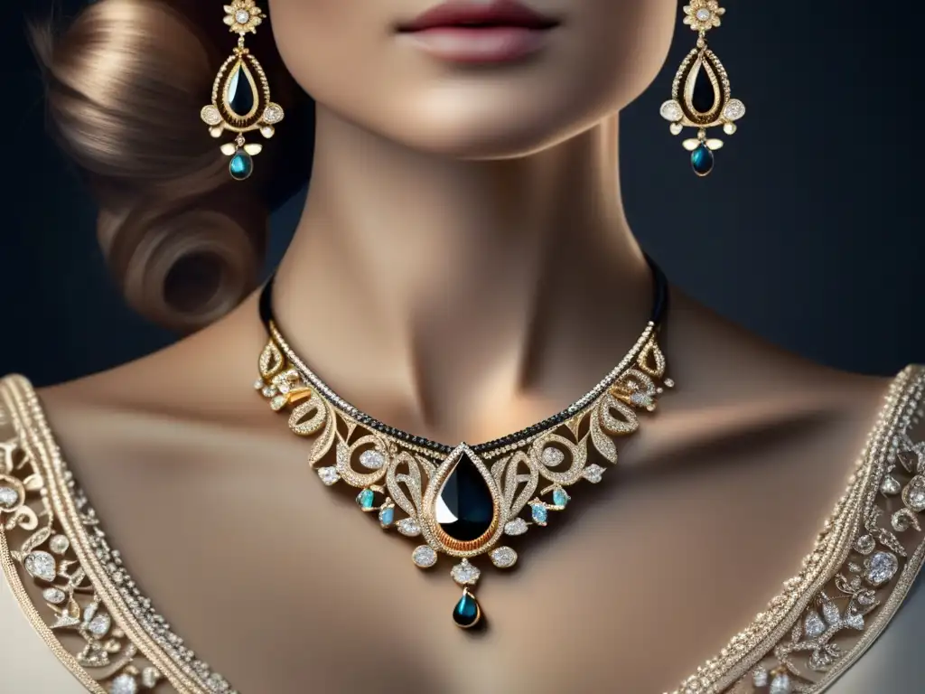 Evolución joyas victorianas: collar delicado, patrones intrincados, gemas brillantes, diseño minimalista y moderno en fondo negro