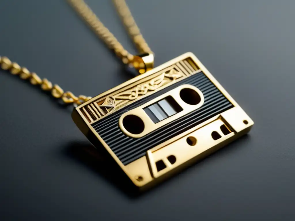 Influencia joyería años 80: Colgante cassette dorado vintage con detalles grabados, cadena delicada y brillo sutil