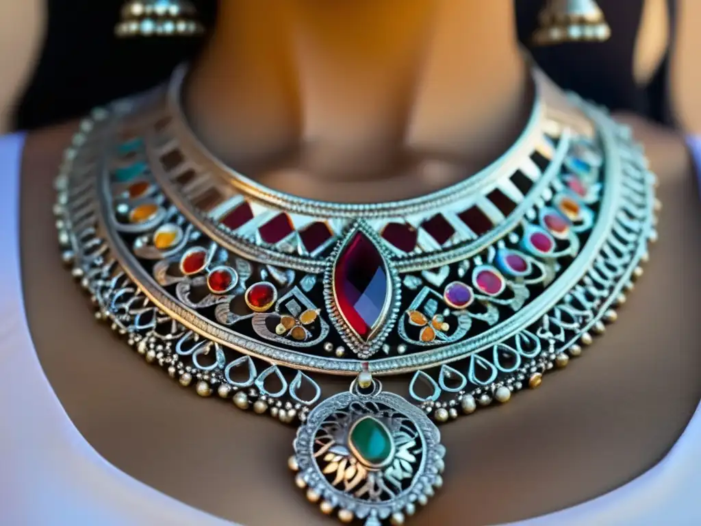 Collar yemení de plata con filigranas, cadenas delicadas y gemas coloridas