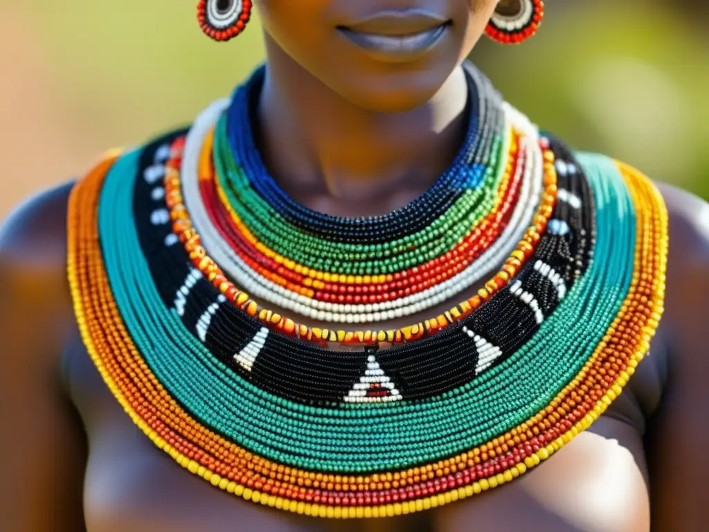 Historia adornos corporales Zulú: collar de cuentas coloridas en cuello de mujer Zulú, reflejando su rica cultura y habilidad artesanal