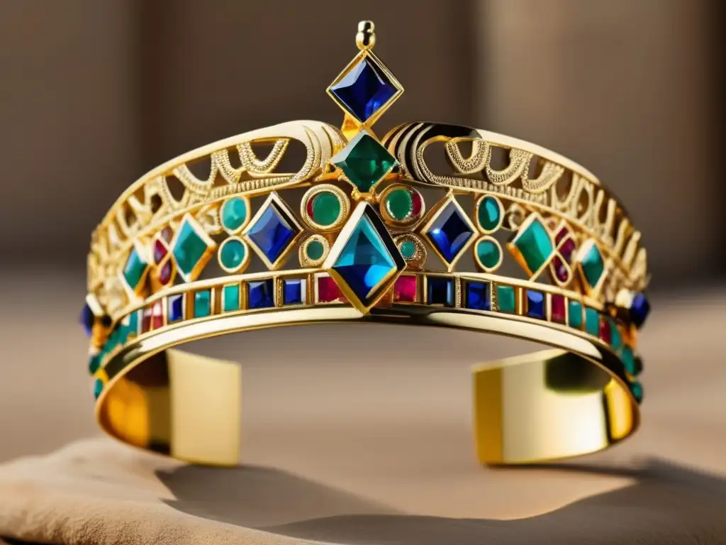 Influencia joyería faraones moda actual: majestuosa cabeza faraónica de oro y gemas, deslumbrante y moderna